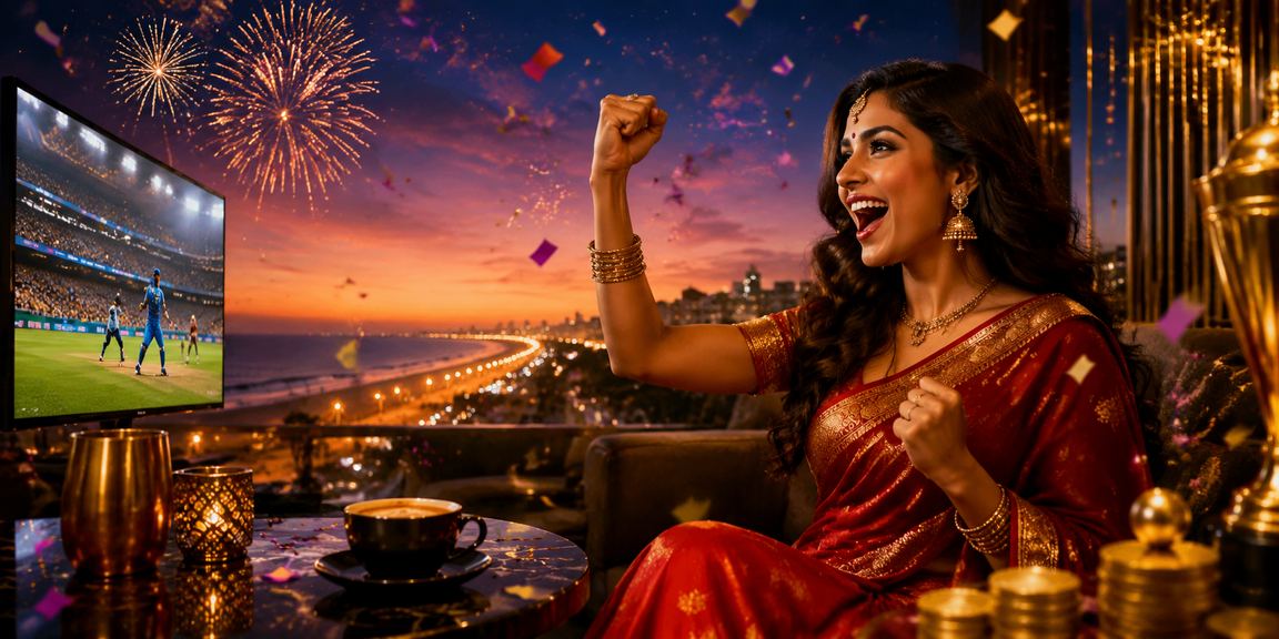 Happy Indian woman celebrating bonus in festive saree