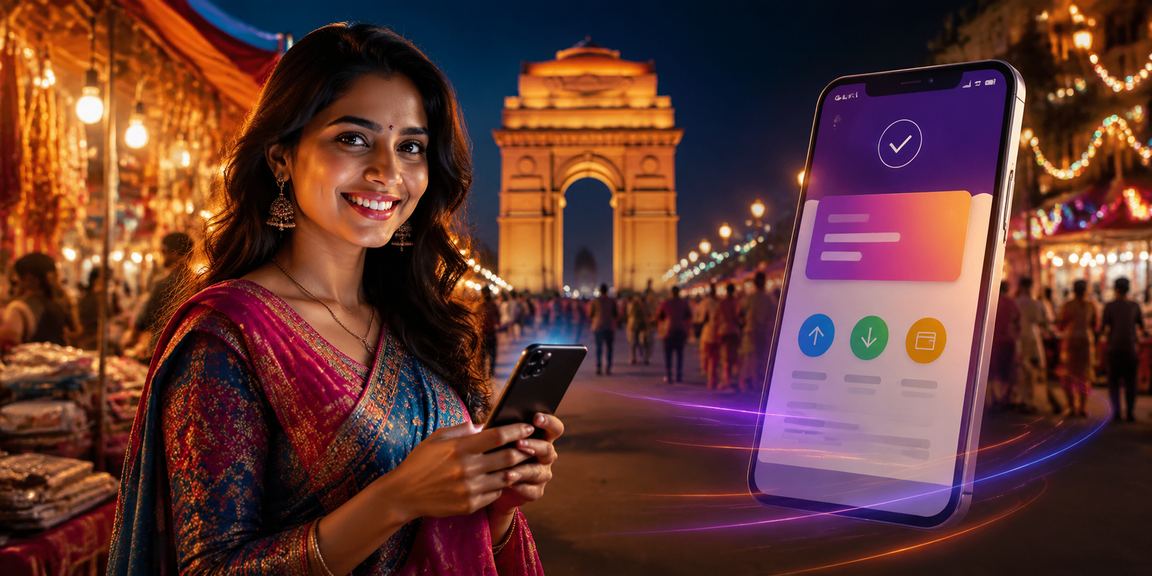 India Gate with mobile payment activity at night